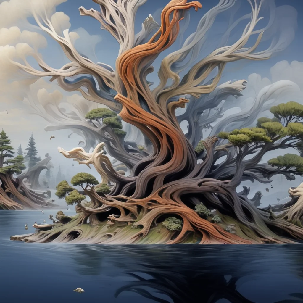 <lora:artfullyTREELUSION_SDXL_V1:1>, arttrlsn, , bonsai of an old juniper tree, beautiful cedar stand outside on the patio for the 100 year old plant, passed down from generation to generation. there is a koi jumping out of the water next to the branches that hold the mushroom tree house up