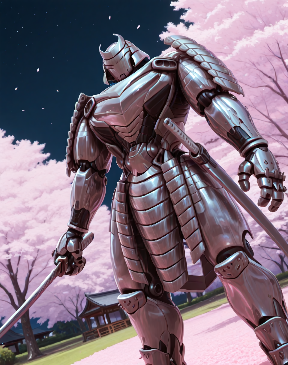 <lora:Silver_Samurai_(Marvel_Comics)_(Illustrious)_(AD):1.5> Silver Samurai, robot, armor, 
((
exterior, traditional Japanese noble's estate home, cherry blossoms, night sky, 
dutch angle, dynamic action, male focus, solo, fully armored, villain, hyper glossy body, powerful, superiority, 
)),
BREAK: very awe, aesthetically pleasing, masterpiece, best quality, amazing quality, very aesthetic, depth of field, absurd details, depth of field, atmospheric rendering, natural shading, soft shading, 
BREAK: lazympos, lazypos (3),