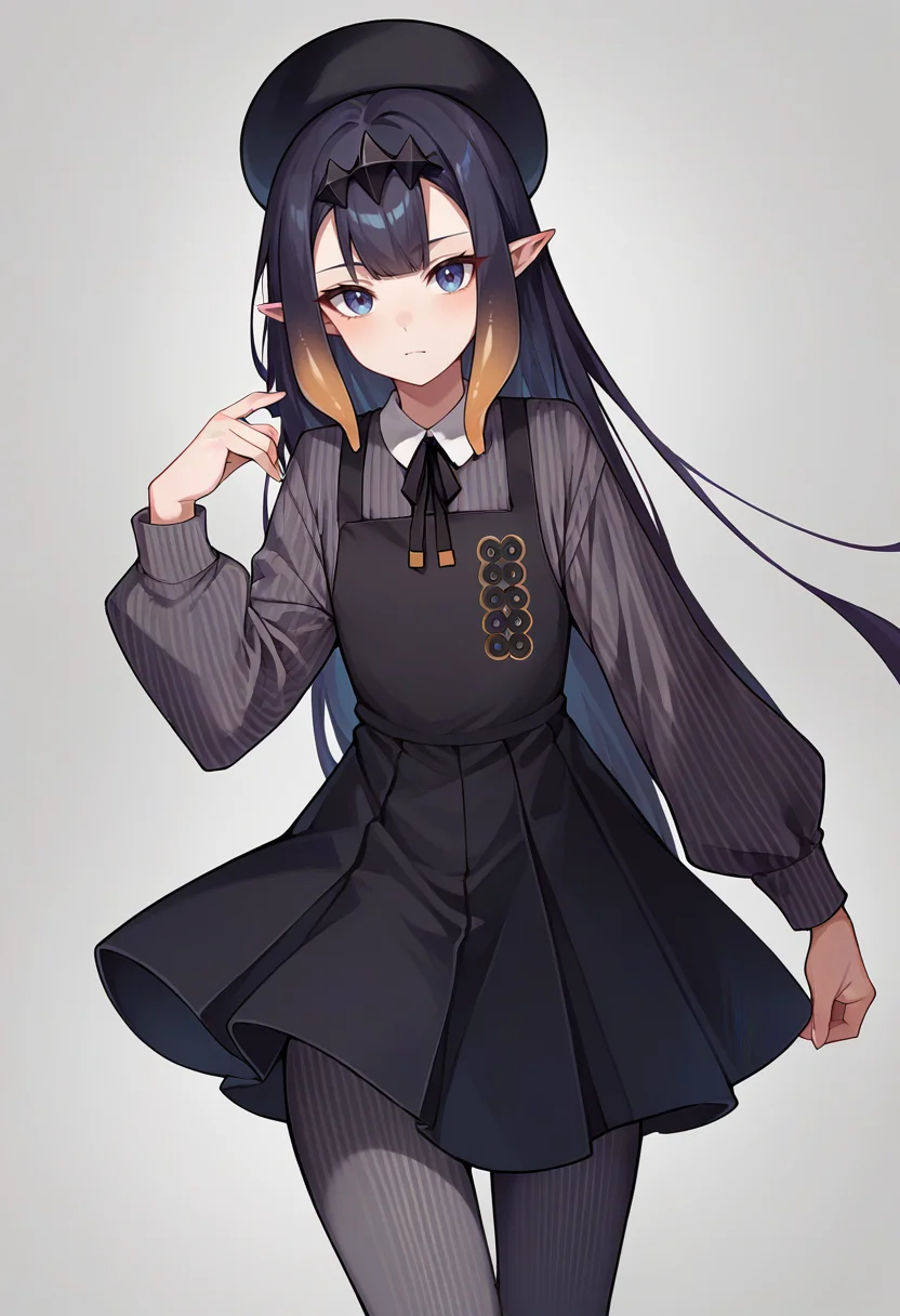 score_9,score_8_up,score_7_up,score_6_up,score_5_up,score_4_up,
1girl, ninomae ina'nis, very long hair, straight hair, tentacle hair, flat chest, pointy ears, black pinafore dress, collared pinstripe shirt, dark grey shirt, puffy long sleeves, black neck ribbon, grey pantyhose, headpiece, black beret,
solo, cowboy shot, simple background, grey background, closed mouth, looking at viewer, standing,
<lora:inaponyxl9:1>