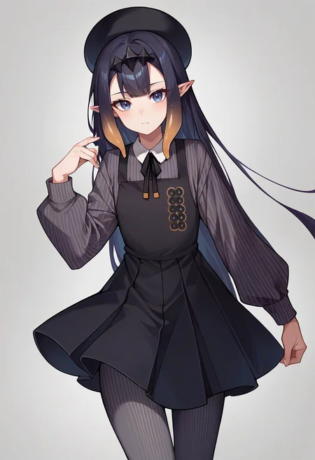 score_9,score_8_up,score_7_up,score_6_up,score_5_up,score_4_up,
1girl, ninomae ina'nis, very long hair, straight hair, tentacle hair, flat chest, pointy ears, black pinafore dress, collared pinstripe shirt, dark grey shirt, puffy long sleeves, black neck ribbon, grey pantyhose, headpiece, black beret,
solo, cowboy shot, simple background, grey background, closed mouth, looking at viewer, standing,
<lora:inaponyxl9:1>