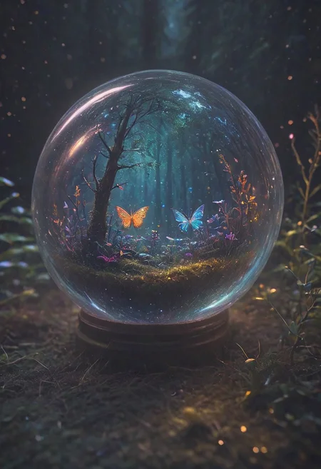 photography,(vibrant colors:0.8),
a fantastic landscape at night covered in magical plantlife, everthing contained in a glass sphere sitting on a desk, desk, small bright fairies, bright butterflies, bioluminescent trees, novuschroma03 style
(quantum waveform:0.7)