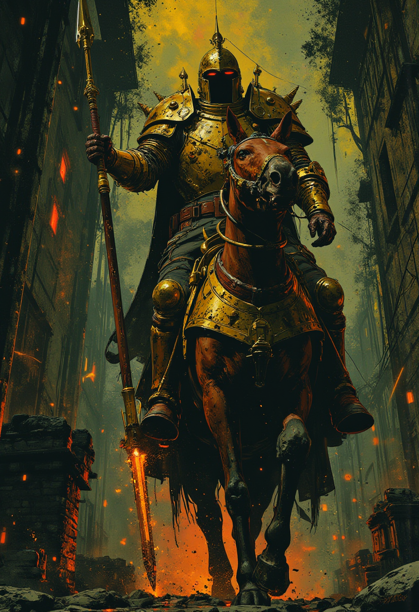 A towering knight clad in gleaming golden armor, wielding a halberd and shield, mounted on a formidable armored steed, patrols the grounds of a weathered church. This scene is depicted in stunning detail, resembling an ultra-realistic dark fantasy painting. The knight's intricate armor shines with a majestic luster, contrasting with the somber backdrop of the ancient church. The artist's attention to realism and dark ambiance immerses the viewer in a world of fantasy and mystery, making this image truly captivating.  <lora:FluxMythP0rtr4itStyle:0.7>  <lora:Luminous_Shadowscape:0.8>