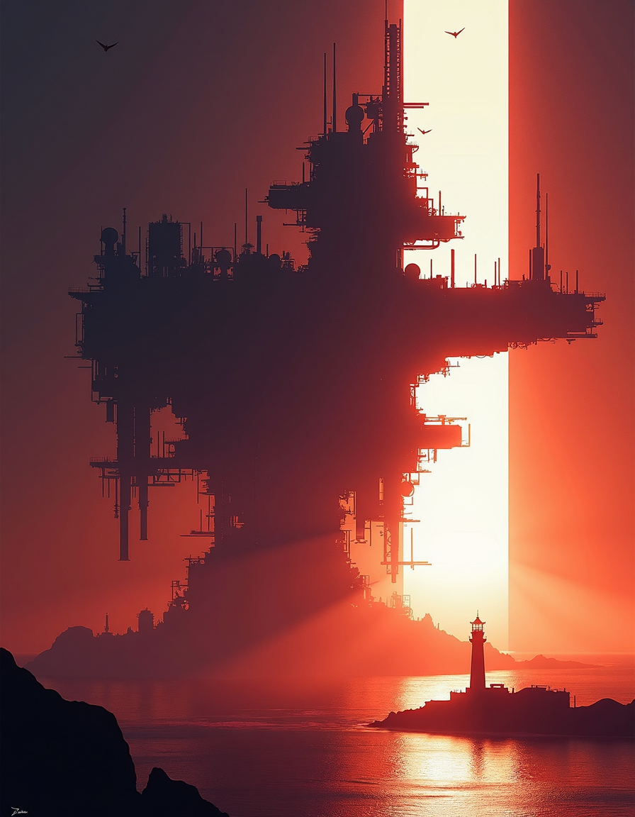 art by Mike Campau and Thomas Birch, Silhouette of a complex space station broken into angular fragments, bright white backlight creating sharp edges on fragments, background gradient from deep purple to bright orange suggesting a cosmic sunset, station fragments larger in foreground becoming smaller towards background, high contrast with intricate details visible in the lit edges of fragments,, digital manipulation, surrealism, conceptual art, photorealistic imagery, American landscape painting, maritime scenes, coastal vistas, atmospheric effects