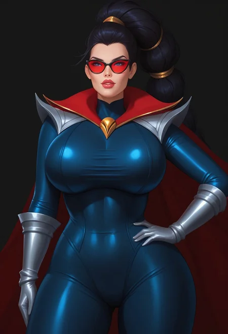 safe_pos, Score_9_up, score_8_up, score_7_up, realistic, solo, Vayne(League of legends, black hair high ponytail, blue eyes, gold hairbands,ASCII Vayne (League of Legends, black hair, blue eyes, gold hairbands, high ponytail, red catseye glasses), vayne, red catseye glasses, red tinted glasses with black frame, (opaque dark red catseye glasses with black frame:1.8), (solid black glasses frame:1.4) huge breasts, big cleavage, light brown eyes) huge ass, thick ass, (dark blue full bodysuit:1.4), thick thighs, silver armor boots, silver armor gloves, red cape, front view, seducing, looking at viewer, Expressiveh, big natural breasts, expressiveh, oiled body, high quality, show full body,) ultra high quality, bimbo lips, bimbo proportions, sexy posing, hand on hip, full body view
