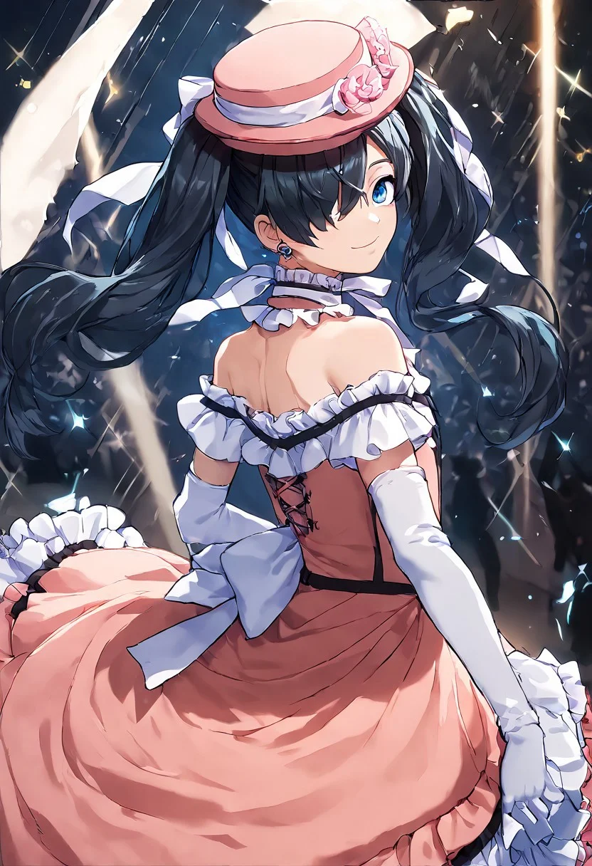 score_9_up, score_9_up, score_7_up, best_quality, Expressiveh, solo, Ciel_PhantomhiveBB,1boy, blue eyes, black hair, long hair, twintails,hair over one eye, flower, choker, hat, pink headwear, dress, frills, crossdressing, bare shoulders, rose, elbow gloves ,earrings,  holding dress, spinning, dancing, happy, looking back at viewer, ballroom,