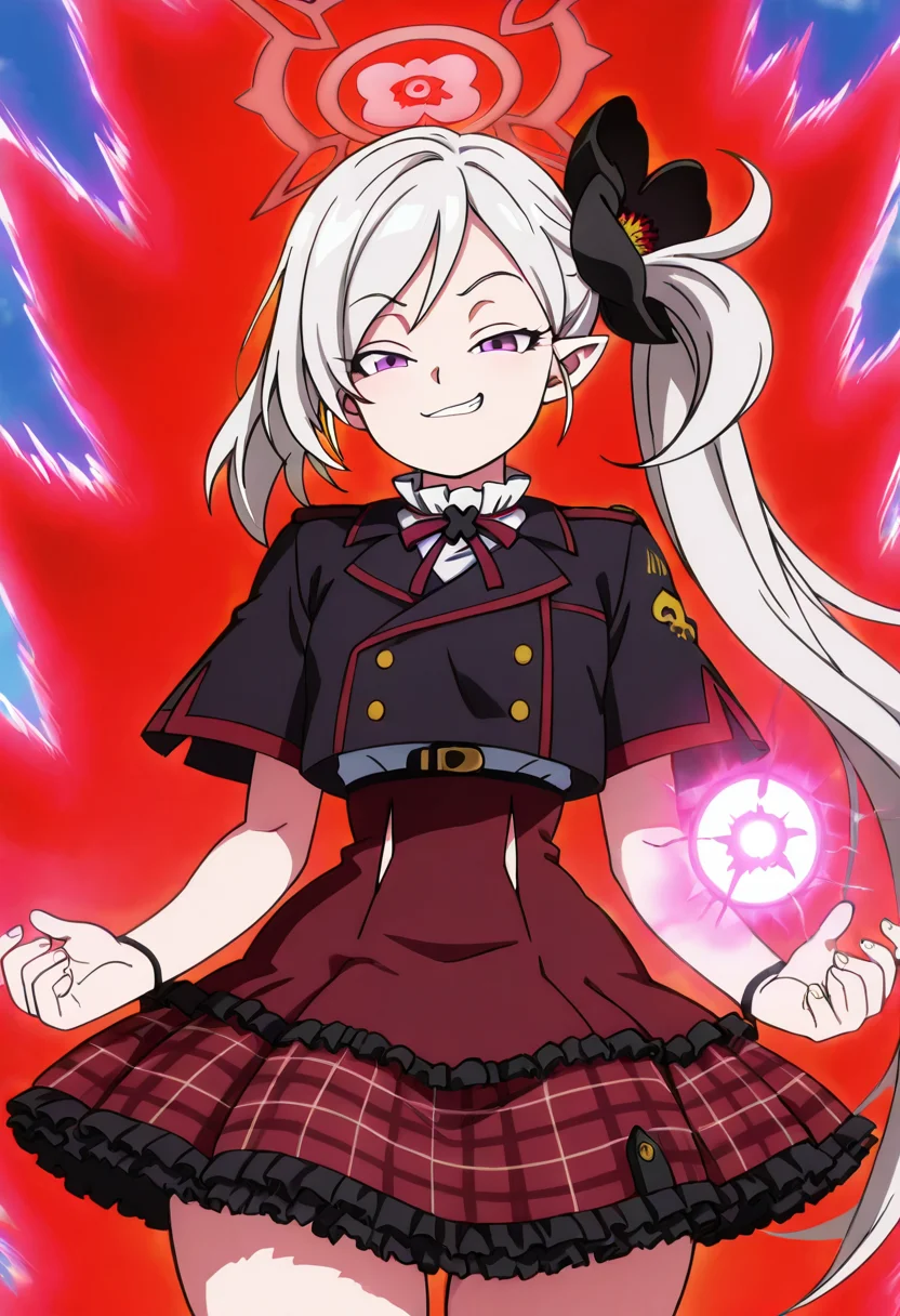 masterpiece, best quality, solo, curvy, beautiful eyes, narrow waist, wide hips, zzMutsuki, long hair, halo, purple eyes, hair ornament, white hair, side ponytail, grey hair, pointy ears, hair flower, red skirt, short sleeves, frilled skirt, plaid skirt, shirt, , <lora:MutsukiBlueArchiveIXL:1.0>, ,vivid aura, looking at viewer, blue background, smug, aura, super saiyan, charging energy, energy ball, energy, lightning, <lora:DBSBroly_Style_IXL_v2:0.6>,