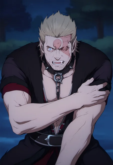 1boy, Nikolai_castlevanianocturne, blonde hair, blue eyes, fang, stubble, slicked back hair, left eye closed, spiked collar, scar on face, (circle scar on forehead), pointy ear, black coat, bare chest, veiny arms, score_8_up, score_7_up, score_6_up, score_9_up, muscular, (stocky_body), (big muscule), big arm, middle-age man , a man sitting on the ground in forest, night, tree background , centered, looking at viewer, face_focus, detailed eyes, 8k uhd, high quality, anime color, front view, from above, surprised , ((fearful)), top down view, hand on other arm