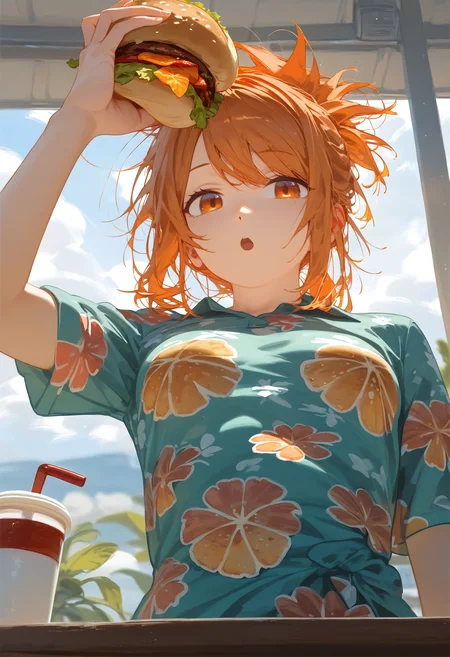 score_9,score_8_up,score_7_up,score_6_up,source_anime,from below,<lora:Kyomu_Ai_StyleXL:1>,close-up,front view,open mouth,solo,1girl,cafe,looking at viewer,holding burger up,orange hair,hair up,messy hair,swept bangs,orange eyes,beautiful_detailed_eyes,hawaiian_shirt,small breasts,