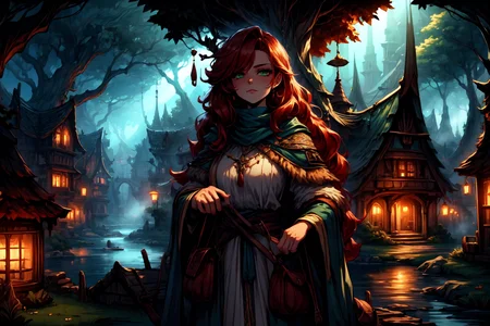 <lora:FantasySettlement:1> fanse, fantasy medieval town, lake, dark, fog, <lora:Fantasy_Classes_SD:1> fantasy class, druid, hermit, nature, natural, forest robe, pet, animal companion, looking at viewer, seductive, best quality, masterpiece, <lora:more_details:0.7>, 1girl, solo, bright red hair, long hair, green eyes