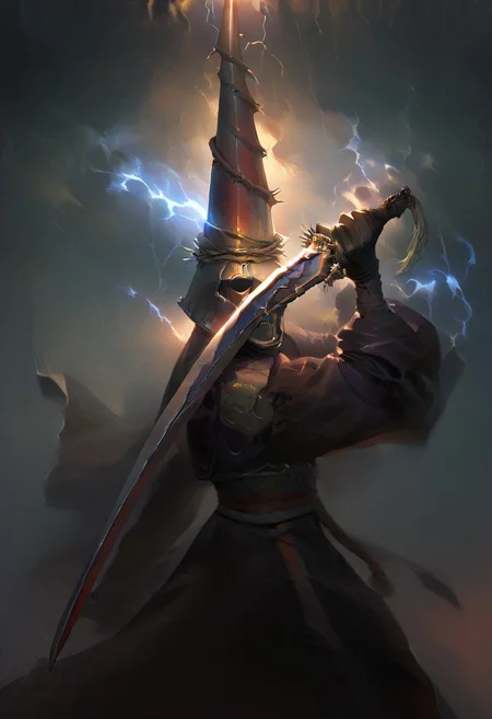 score_9, score_8_up, score_7_up, 1man, tall conical helmet, metal facial mask, pauldron, expressionless, holding weapon, holding sword, blue electricity, cleavage, black dress, sleeves,