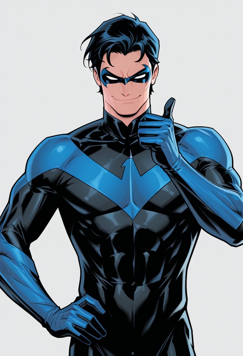 Grey background, simple background, solid color background, 2d, 1male, solo, 
DC Comics, Nightwing, toned male, black hair, white eyes, no pupils, domino mask, black bodysuit, blue trim, insignia, 
Upper body, front view, smug expression, smirk, looking at viewer, Hand on hip, thumbs up, one hand up,
