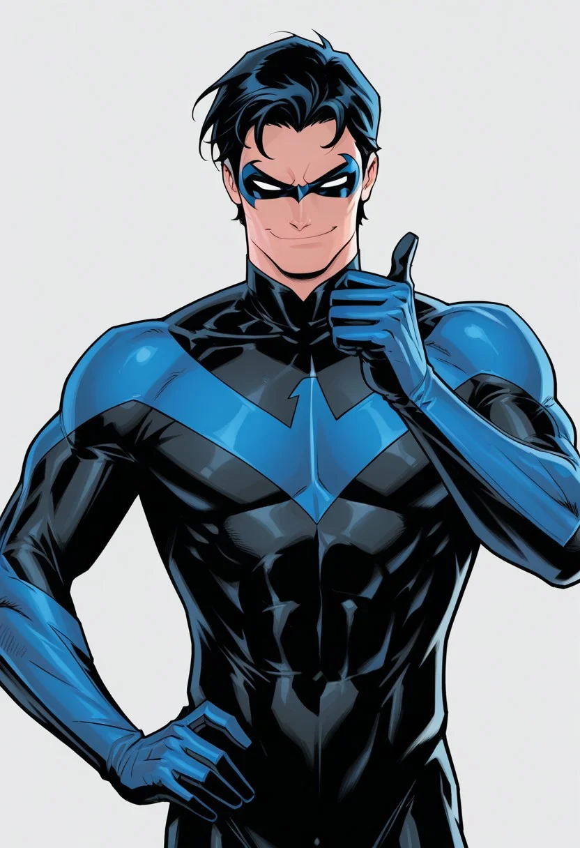 Grey background, simple background, solid color background, 2d, 1male, solo,
DC Comics, Nightwing, toned male, black hair, white eyes, no pupils, domino mask, black bodysuit, blue trim, insignia,
Upper body, front view, smug expression, smirk, looking at viewer, Hand on hip, thumbs up, one hand up,