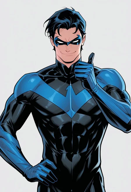 Grey background, simple background, solid color background, 2d, 1male, solo,
DC Comics, Nightwing, toned male, black hair, white eyes, no pupils, domino mask, black bodysuit, blue trim, insignia,
Upper body, front view, smug expression, smirk, looking at viewer, Hand on hip, thumbs up, one hand up,
