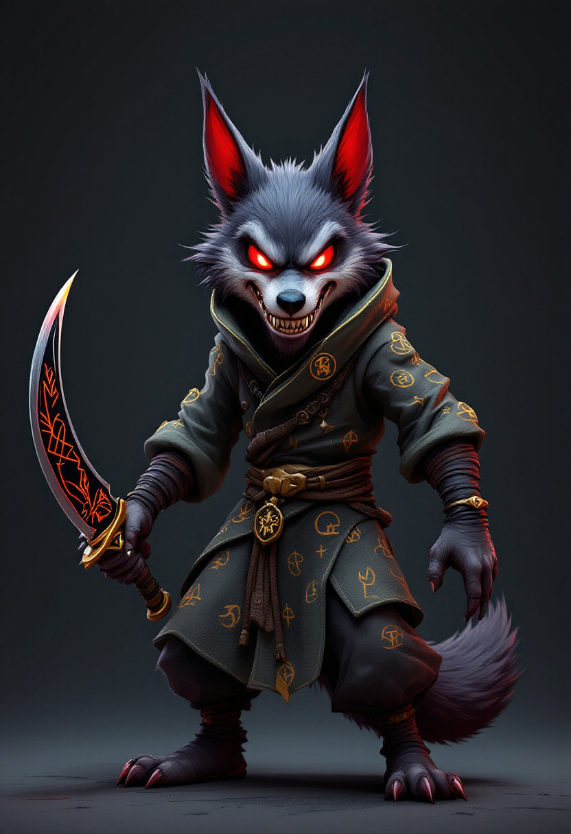 A 3D render of the "Idiot Wolf," a humorous yet dangerous fantasy game character. The anthropomorphic wolf has sharp, sinister features with glowing red eyes. Clad in light pattern assassin robes and wielding deadly curved blades etched with mystical symbols, the Idiot Wolf exudes a sense of humor through his funny posture and wicked grin. The minimal and shadowy background enhances the character's dark and perilous nature, while the vibrant and dynamic illustration style accentuates the sinister details. The exaggerated proportions and bold lines convey a sense of movement and intensity, encapsulating the essence of this high-stakes, fantasy-themed game character, blending danger, mystery, and power.