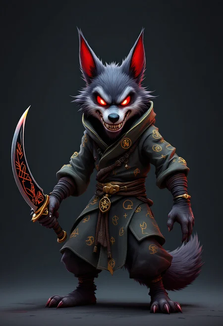 A 3D render of the "Idiot Wolf," a humorous yet dangerous fantasy game character. The anthropomorphic wolf has sharp, sinister features with glowing red eyes. Clad in light pattern assassin robes and wielding deadly curved blades etched with mystical symbols, the Idiot Wolf exudes a sense of humor through his funny posture and wicked grin. The minimal and shadowy background enhances the character's dark and perilous nature, while the vibrant and dynamic illustration style accentuates the sinister details. The exaggerated proportions and bold lines convey a sense of movement and intensity, encapsulating the essence of this high-stakes, fantasy-themed game character, blending danger, mystery, and power.
