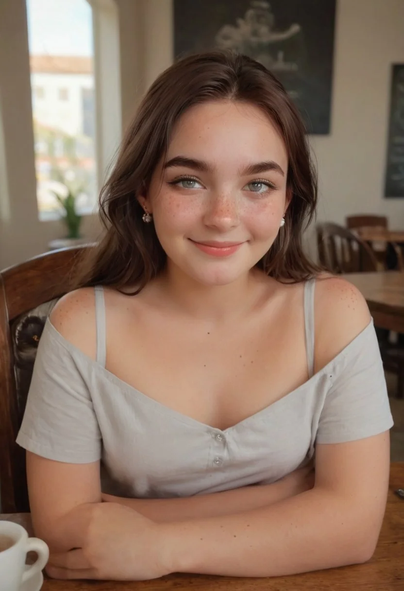 score_9, score_8_up, score_7_up, 1girl, cute, 43_years_old, dark brown hair, grey eyes, perfecteyes, feathered_long_hair, flirty_smile, narrow_mouth, freckles_on_shoulder, navel_piercing, earrings, heavy_eyebrows, date, a woman sitting at a table