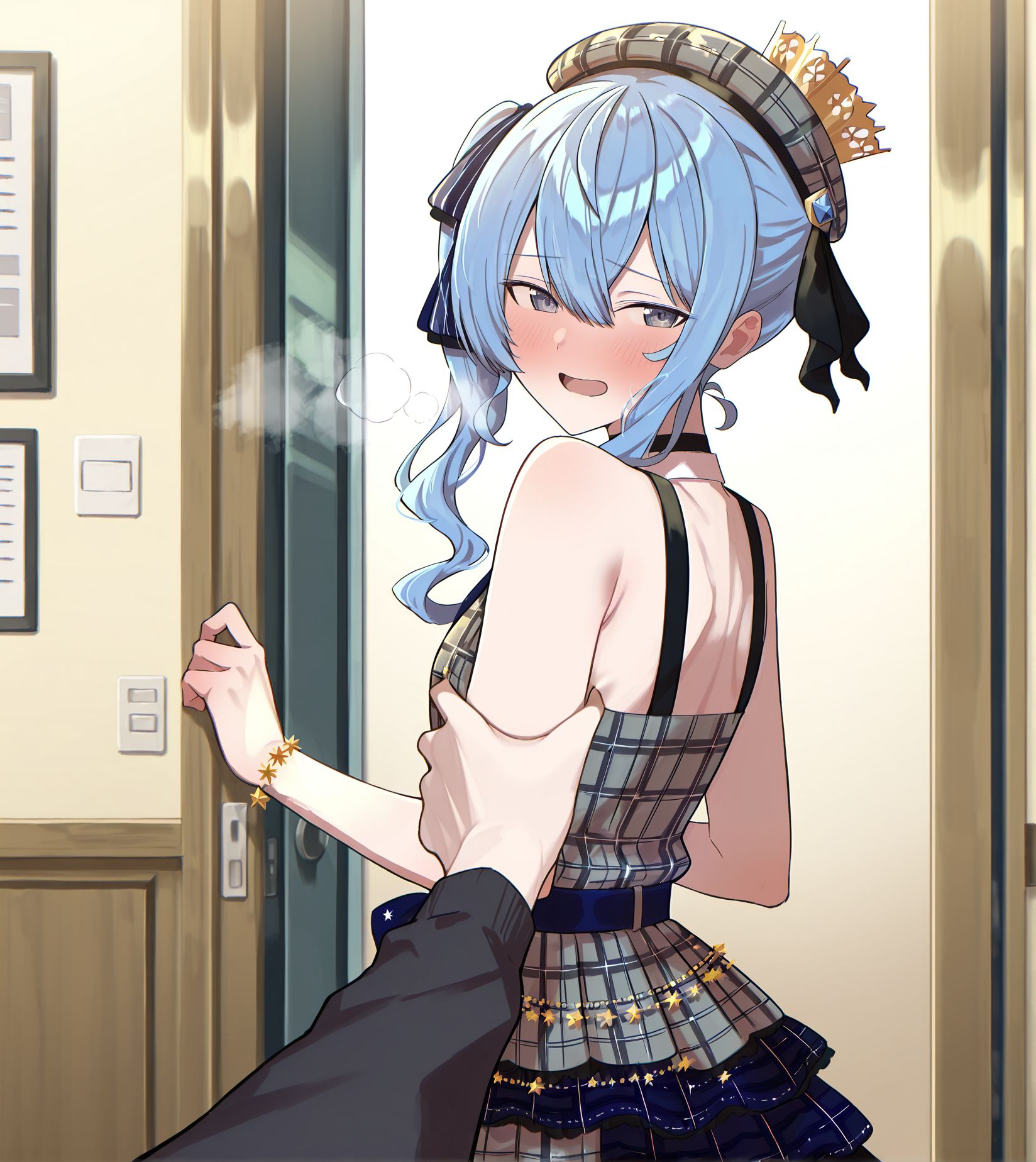 <lora:add-detail-xl:0.5>,,masterpiece,best quality,anime coloring,anime screenshot,
<lora:Cheek_Grabbing_Material:0.9>Cheek_Grabbing_Material, 
1girl, from side, open mouth, heavy breathing, pov,
(grabbing shoulders), hand on shoulders, bare shoulders, shy,blush, pov hand,
cowboy shot, standing, looking back, 
hoshimachi suisei, hololive, official art, 
20YO, milf,