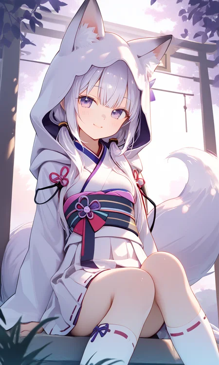 4K, best quality, high resolution, soft shadows, soft glow, subtle shadows, cinematic lighting
; 1girl, close_up, upper_body
; outdoors, japan garden
; <lora:Uranami_SDXL-000008:0.8>; fox_girl, petite, small_breasts, fox_tail, white_hair, low_twintails, purple_eyes
, sitting, on_ground
, kimono, hood, wide_sleeves, white_skirt, kneehighs
, smile, arms_at_side