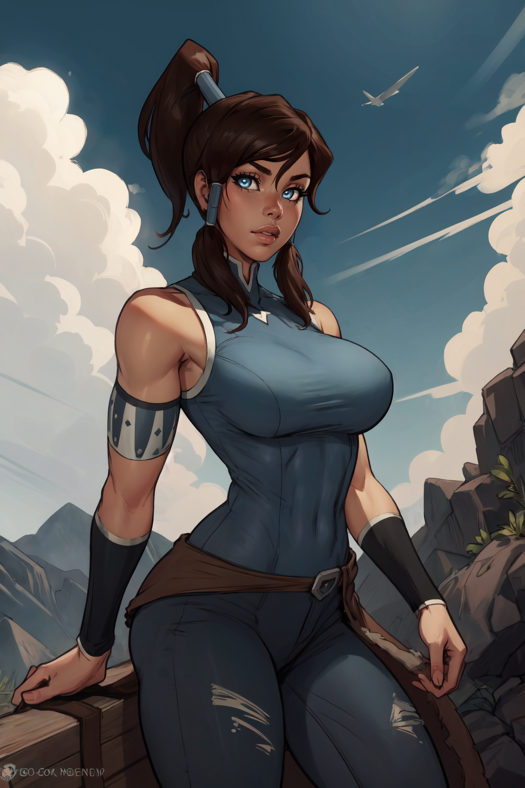 1girl, (solo:1.2), (cowboy shot:1.2), (looking at viewer:1.3),
<lora:Korra [justTNP - v1.0]:1> korra, dark skin, (dark-skinned female:1.2), pants, ponytail, hair tubes, sleeveless, bare shoulders, brown hair, blue eyes, toned, (muscular female), (large breasts:1.2), curvy
BREAK <lora:BBC-chan [MockAi - v1.0]:0.85> bbcchan, simple shading, thick lineart
BREAK intricate details, (masterpiece:1.3), (best quality:1.3), (perfect anatomy:1.4) BREAK, (beautiful white clouds:1.3), puffy clouds, white sky