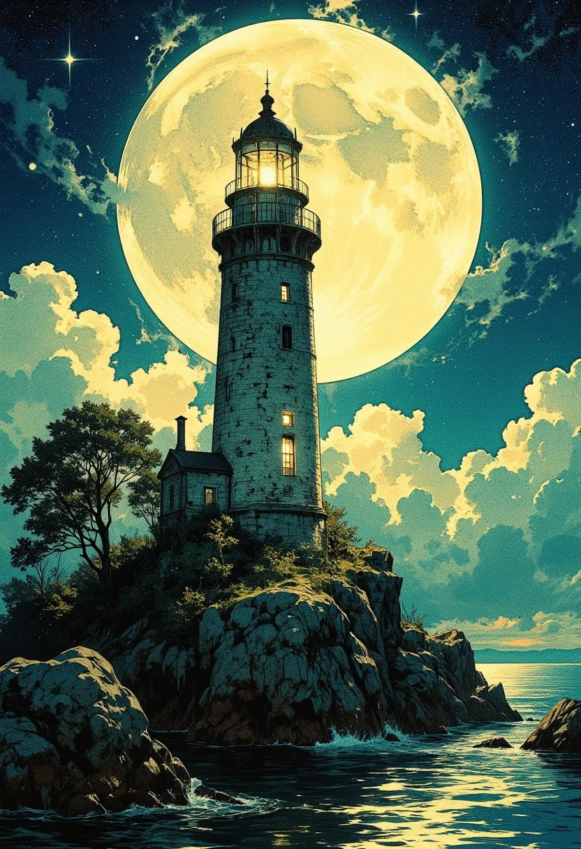 A captivating night scene illustration featuring an ancient lighthouse standing tall on a rocky island. The lighthouse, adorned with multiple windows, emits a warm glow, highlighting its intricate architecture and rich history. The rocky island is covered in lush green trees, reflecting on the calm, moonlit sea waters that mirror the silvery moonlight. The full moon graces the sky, casting an ethereal glow on the clouds and sea, while wispy clouds partially obscure its brilliance, adding to the scene's mystique. Twinkling stars dot the sky, creating a celestial tapestry that harmonizes with the moon's radiance. This enchanting artwork captures a serene and peaceful night, where the illuminated lighthouse stands resolute amidst the celestial beauty, creating a cinematic experience.