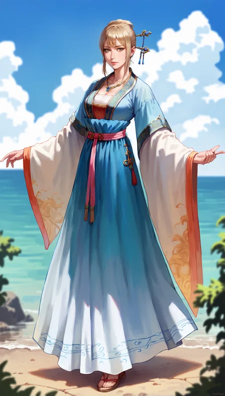 score_9,score_8_up,score_7_up,
highly detailed,highres,
<lora:wangyuanji:0.8>,wangyuanji,
1girl,solo,blonde hair,bangs,updo,hairpin,yellow eyes,looking at viewer,informal costume,necklace,long silk skirt,full body,standing,
outdoors,sky,blurry background,
