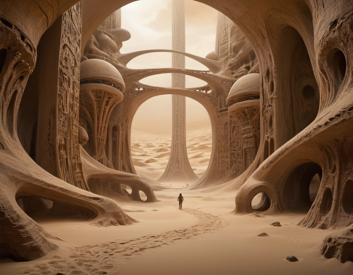 alien-themed The intricate network of passageways within the colossal sand structures formed a labyrinthine tapestry of memories, each curve and arch whispering tales of a civilization long since vanished into the ether . extraterrestrial, cosmic, otherworldly, mysterious, sci-fi, highly detailed, b3ks1n