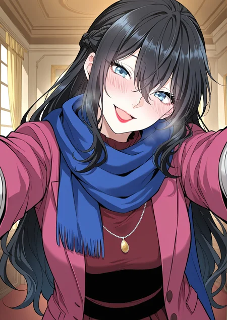 <lora:Tabitha_Helstea__The_Beginning_After_the_End__Illustrious:1>
1 girl, solo, blue eyes, black hair, hair between eyes,
alternate costume, red shirt, pink jacket, blue scarf, white gloves, french braid, jewelry, necklace, lipstick
score_9, score_8_up, score_7_up, score_6_up, source_anime, rating_explicit, 1girl, solo, smile, embarrassed, alcalose eyes, open mouth, mansion, indoors, looking at viewer, outstretched arms, pov, close-up, (head tilt:1.2)