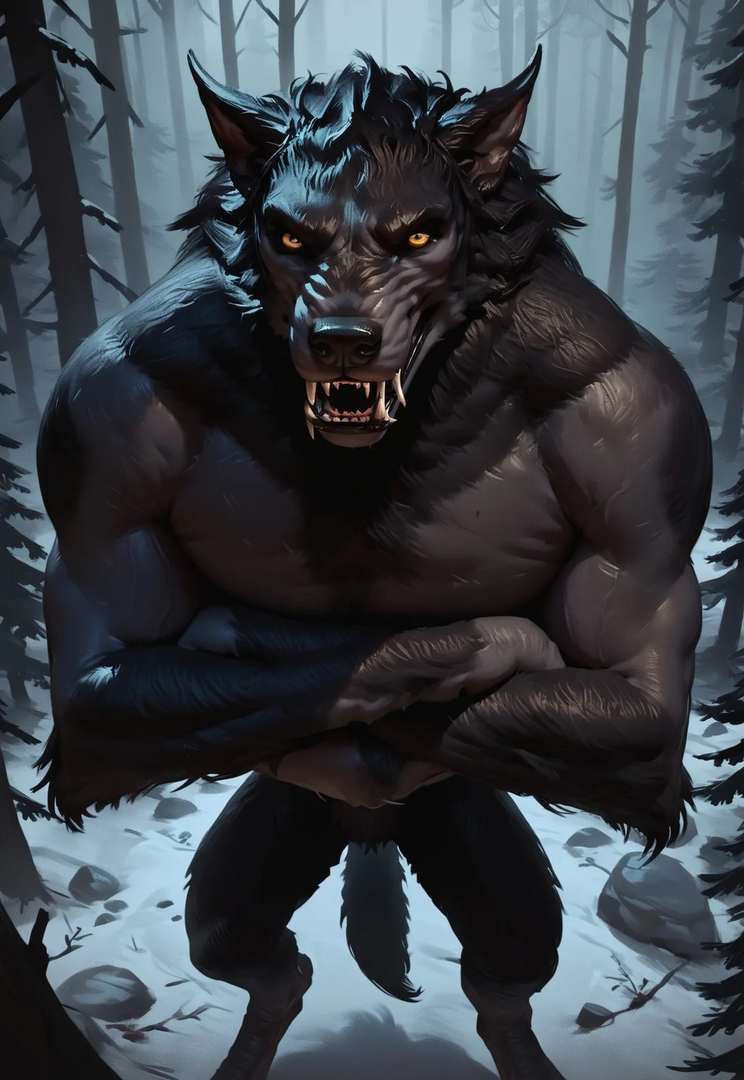 score_9, score_8_up, score_7_up, score_6_up, score_5_up, score_4_up, source_furry, concept art, realistic, hi res, arms crossed, high angle view, forest, night, solo, (skyrim werewolf), werewolf, black fur, yellow eyes, fangs, mouth closed, looking at viewer, anthro, male, tail, muscular