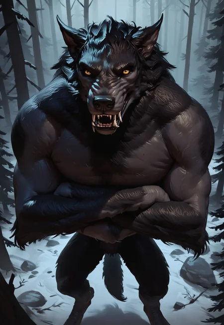 score_9, score_8_up, score_7_up, score_6_up, score_5_up, score_4_up, source_furry, concept art, realistic, hi res, arms crossed, high angle view, forest, night, solo, (skyrim werewolf), werewolf, black fur, yellow eyes, fangs, mouth closed, looking at viewer, anthro, male, tail, muscular
