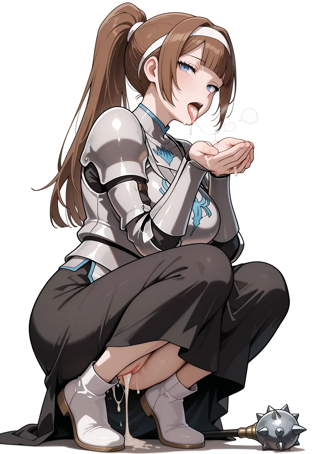 masterpiece,best quality,amazing quality,very aesthetic,absurdres,newest, huge filesize,
<lora:spo_sdxl_10ep_4k-data_lora_webui:0.5>,
<lora:add-detail-xl:1>
<lora:cum_on_hands____cum_on__tissue:0.5>cum on hands,
cumdrip, cum from mouth, Sperm coming out of mouth,
Use hands to catch sperm, open mouth, tongue out, face down,looking at viewer, cupping hands, hand together,saliva, saliva trail,
cum on tongue , cumdrip onto hands, hand up, from below, squatting, pussy, after fellatio, 1man,pov penis,
looking at viewer, cum in pussy, cum overflow, cumdrip,
<lora:overlord_The_Sacred_Kingdom_V2:1>overlord_V2,
1girl,solo,
brown hair,armor,long hair,
full body,white boots,
slanted eyes,blue eyes, blunt bangs,
high ponytail, white hairband,
simple background, small mace,
white background, closed mouth, black skirt,long skirt,skirt,no socks, head tilt, from side,headback,
breastplate,looking at viewer, large breasts ,silver breastplate