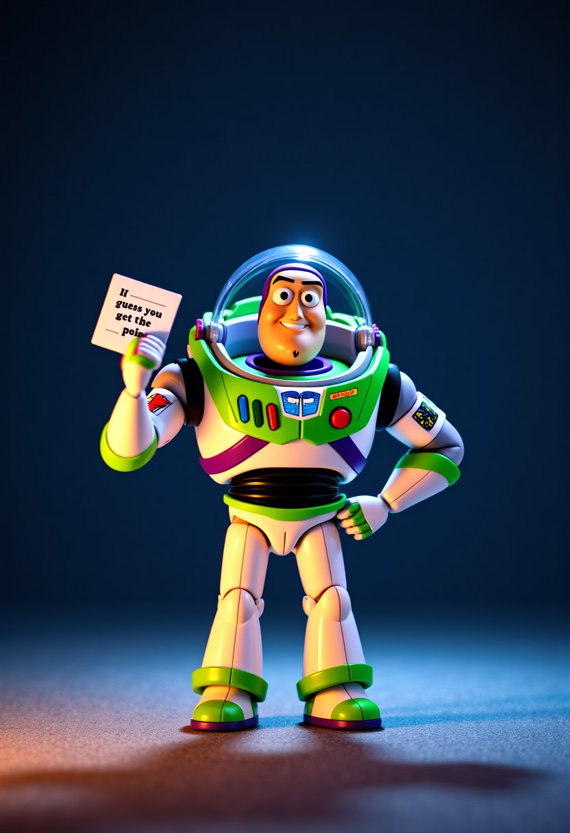 buzz lightyear from Toy Story 2 on the middle of the space with poker face and white paper on the hand, on the paper say "I guess you get the point"