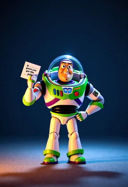 buzz lightyear from Toy Story 2 on the middle of the space with poker face and white paper on the hand, on the paper say "I guess you get the point"