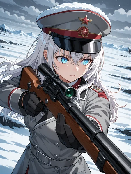 1girl, alisa mikhailovna kujou, looking away, holding rifle, mosin-nagant, bolt action, sniper rifle, scope,glavakolhoza_redarmywinter, budenovka, clasps, red elements, military uniform, gray military coat, red star \(symbol\) on hat, snow, cloudy sky, outdoors, aiming, serious, from above, upper body, foreshortening, perspective, distortion, angulation, depth, scaling,