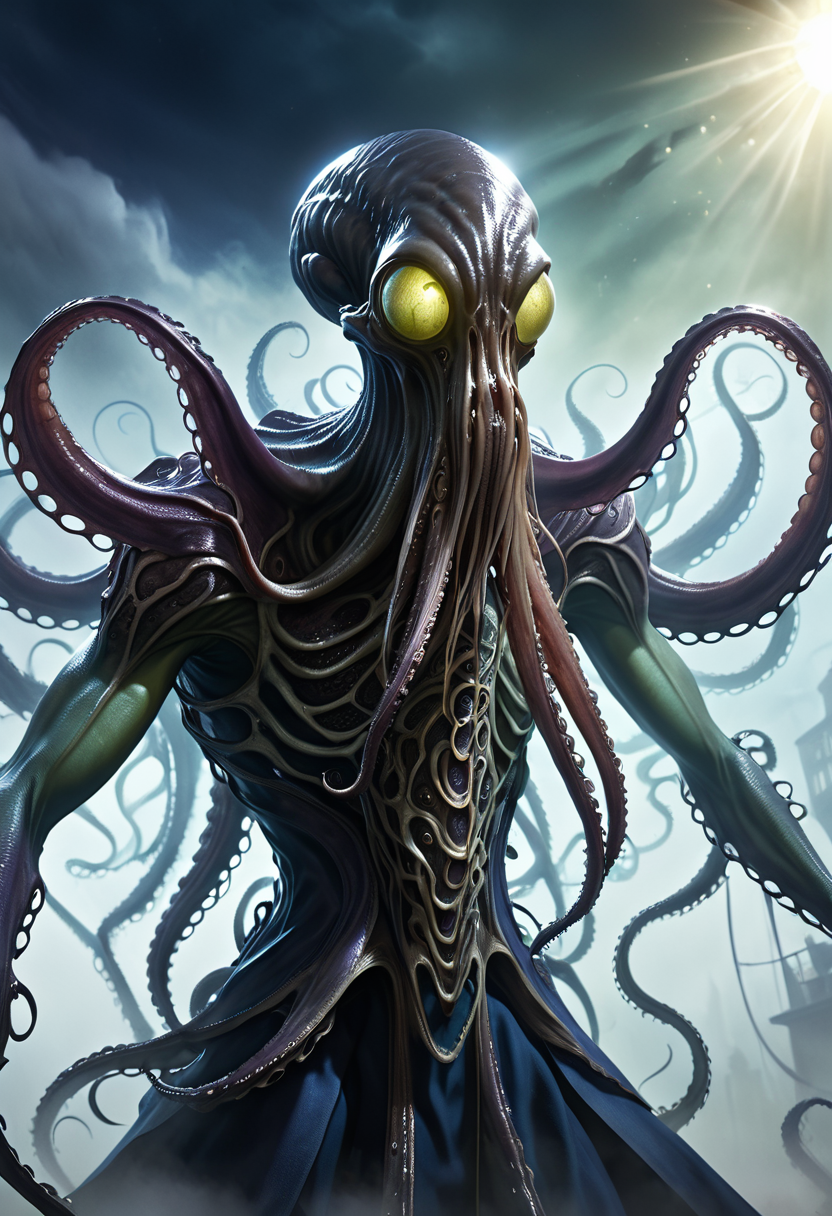 eldritch horror-inspired, dramatic over-the-shoulder view of prey, shadow-heavy, flickering magical light, hands raised in psionic focus, misty, otherworldly void, tentacled face, dark, leathery skin, elongated cranium, slender, alien physique, four long tentacles extending from mouth fantasy_random_lora, realistic, uhd, 8k, masterpiece, intricately detailed, cinematic, best quality, absurd resolution, fantasy art, fantasy race concept, artfully_mindflayer,  <lora:artfully_MINDFLAYER_SDXL:0.8>