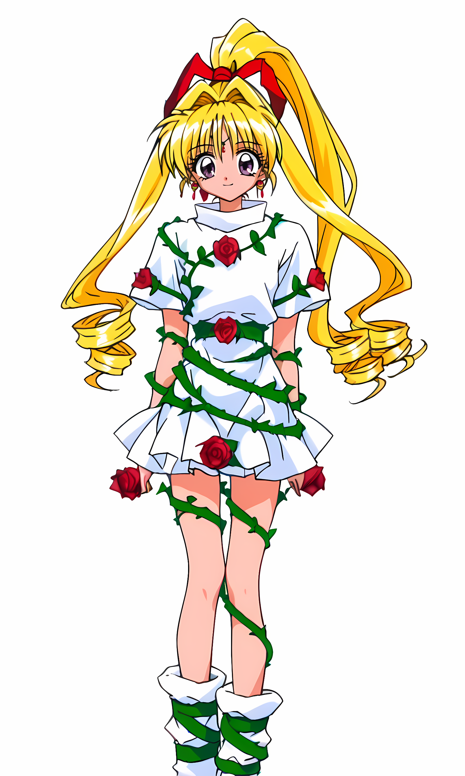 8k, best quality, solo, cute, score_9, score_8_up, score_7_up, 90s anime, masterpiece, source_anime, KKJs2, artist A style, purple eyes, forehead jewelry, blonde hair, very long hair, hair intakes with drill long sidelocks, one high drill ponytail at the back, no hair ribbon, earrings, (plain white outfit:1.3), folded standing collar, white collar, no shoulder decorations, no red ribbon decorations on shoulders, green vines on waist, white side slit and long shirt tail, white short sleeves, no red accents on white short sleeves, no short red inner sleeves, green vines on arms, white layered miniskirt, green vines on outfit, roses on outfit, green vines on short sleeves, green vines on miniskirt, roses on miniskirt, green vines on legs, roses on legs, (white boots:1.2), (green vines wrapping around boots:1.1), roses on boots, 