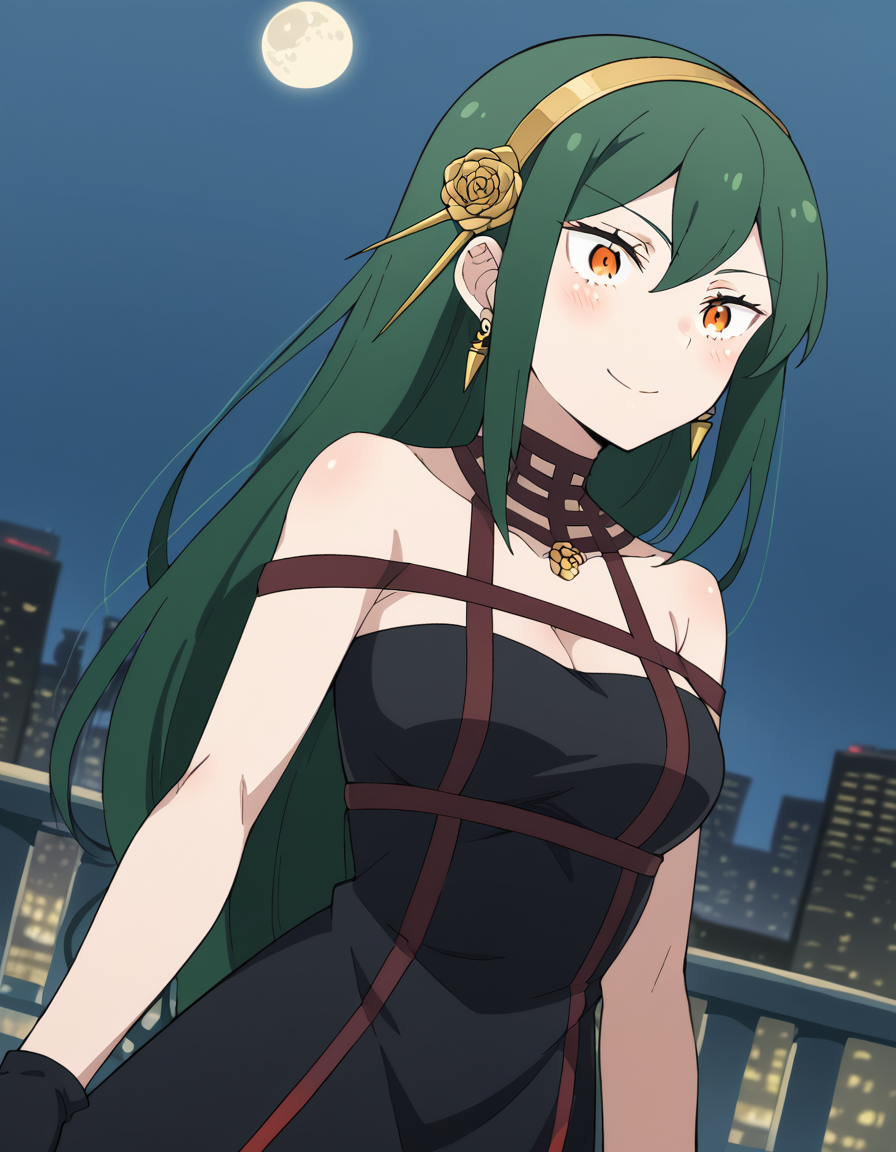 score_9, score_8_up, score_7_up, source_anime, <lora:crusch-karsten-s3-p1-ponyxl-lora-nochekaiser:1>, crusch karsten, long hair, hair between eyes, green hair, orange eyes, medium breasts,, <lora:yor-briar-cosplay-ponyxl-lora-nochekaiser:1>, yorbriarcosplay, yor briar (cosplay), bare shoulders, black dress, black gloves, cleavage, dress, earrings, gloves, gold earrings, hair ornament, hair band, jewelry, bare shoulders, collarbone, fingerless gloves, thighhighs, black thighhighs,, cityscape, night, moon, blush, smile, , dutch angle, cowboy shot