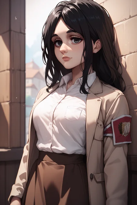 score_9, score_8_up, score_7_up, score_6_up, score_5_up, score_4_up, source_anime, <lora:Pieck Finger-PonyXL-lora-Faxtron:0.8> pieck finger, black eyes, black hair, long hair, medium breasts, beige jacket, white shirt, brown skirt,