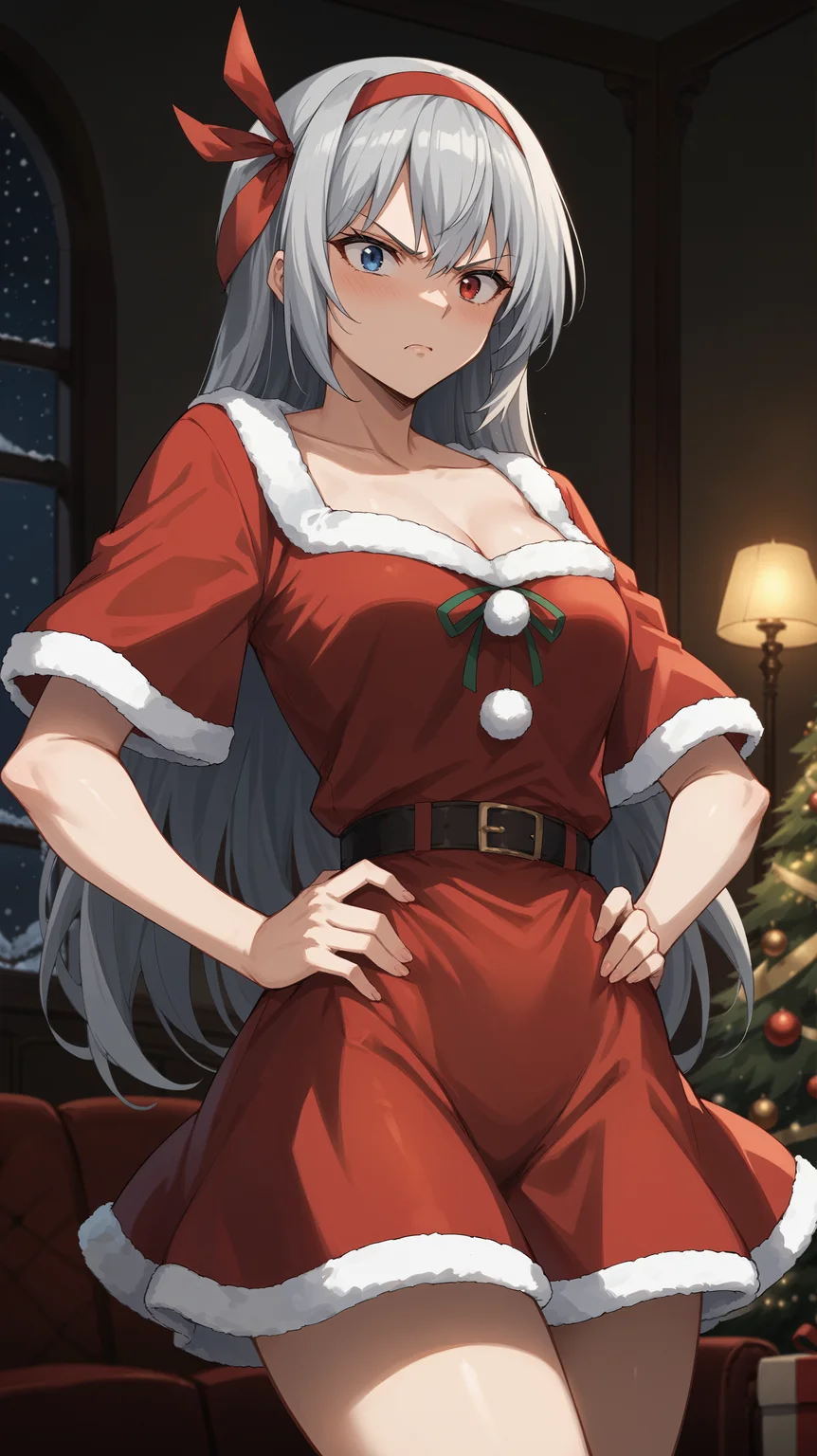 score_9,score_8_up,score_7_up,score_6_up, <lora:xl_more_art-full_v1:0.5>, source_anime, girl, dynamic pose, hands-on-hips, <lora:Luminous Valentine - Pony:0.8>, long hair, grey hair, heterochromia, red eye, blue eye, santa costume, red skirt, living room, Christmas decorations, dim lighting, dark room, red hairband, red hair ribbon, annoyed, embarrassed,