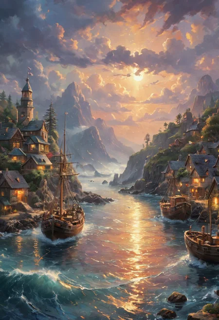 a beautiful painting of an harbour at sunset with islands scattered in the sea and ships in the storming sea. storm, cloudy. in style of impressionism. fantasy, hyper detailed, sharp focus, soft light. oil on canvas, ray tracing. trending on artstation, romantic impressionism, dream scenery art, beautiful oil matte painting, romantic, style of thomas kinkade, beautiful digital painting, anime landscape, romantic painting, thomas kinkade style painting, dreamlike digital painting, colorful painting, beautiful gorgeous digital art, style thomas kinkade <lora:add_detail:0.5>