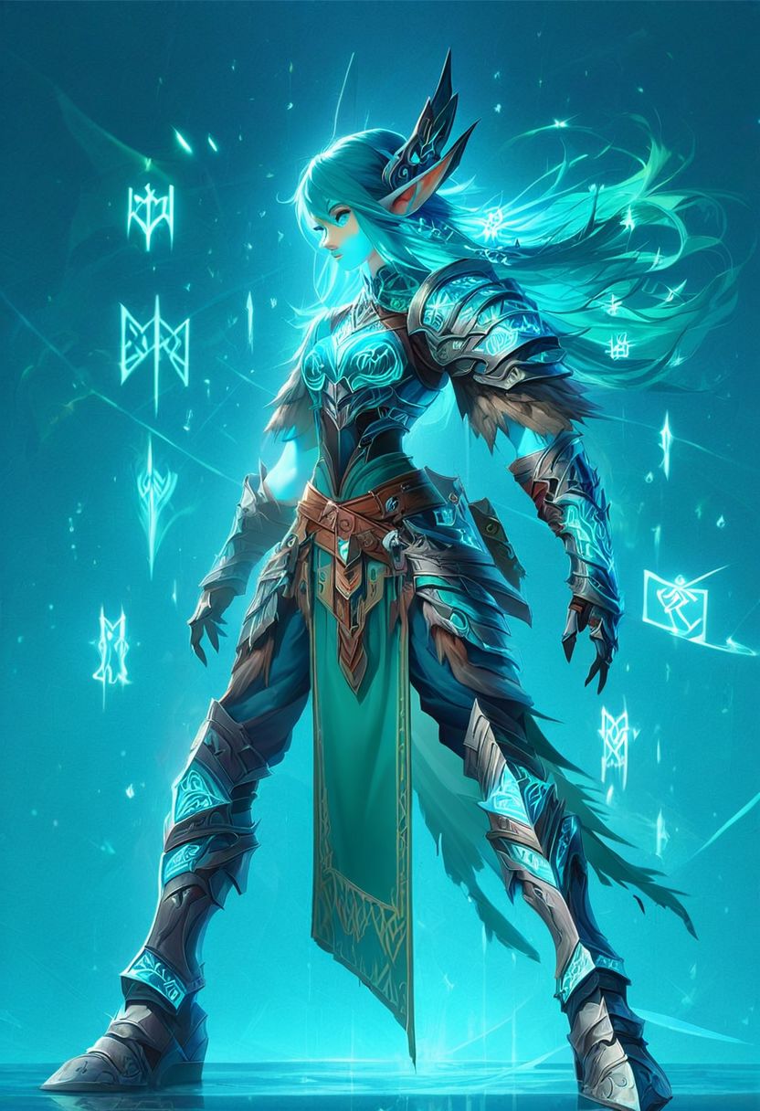 elf warrior, long pants, metal boots, flashfire glowing runes teal color, glowing runes, detailed face,  digital art, high quality, best, clear,
