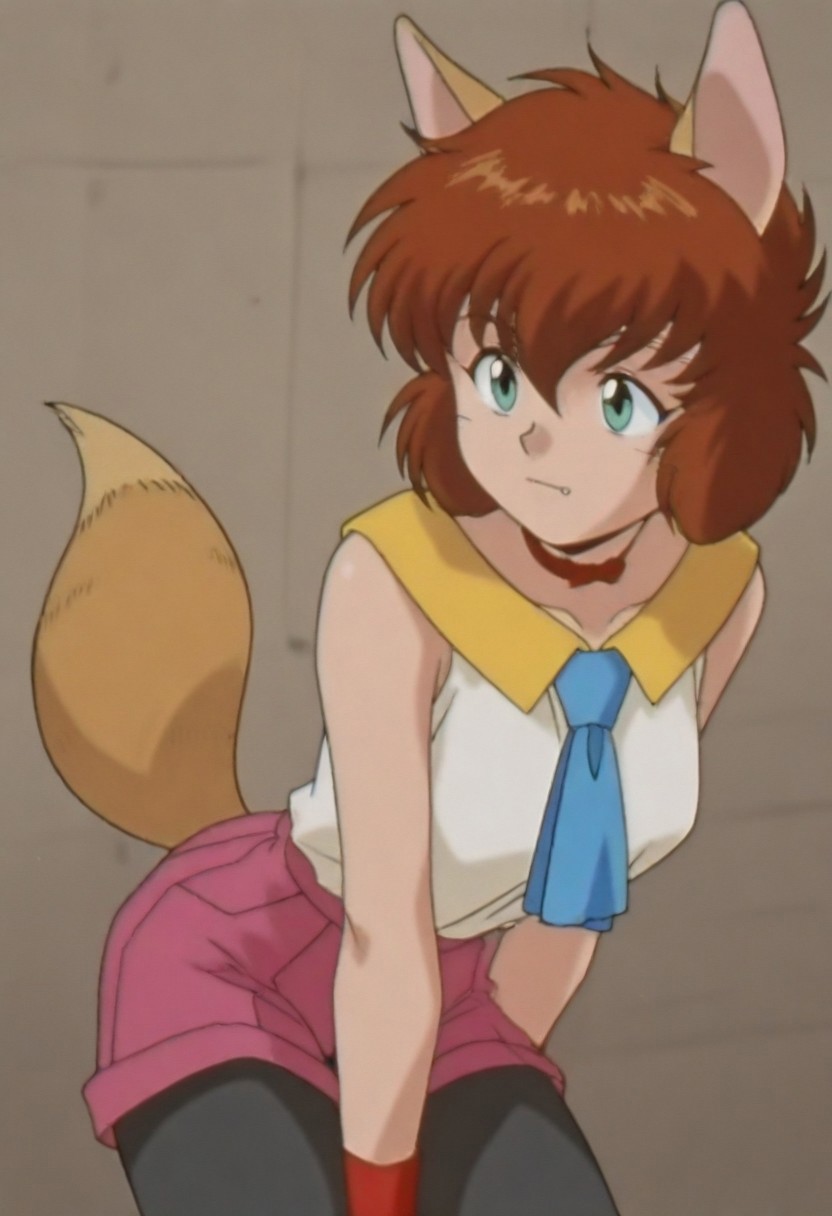 masterpiece, best quality, amazing quality,,, shiny skin,,,,,,,,<lora:koto_ilxl_v1.0:1>,koto,brown hair,green eyes,whiskers,fang out, k_clothes,yellow collar,red ribbon choker,white sleeveless shirt,blue necktie,pink shorts,fox tail,black_pantyhose,k_m,