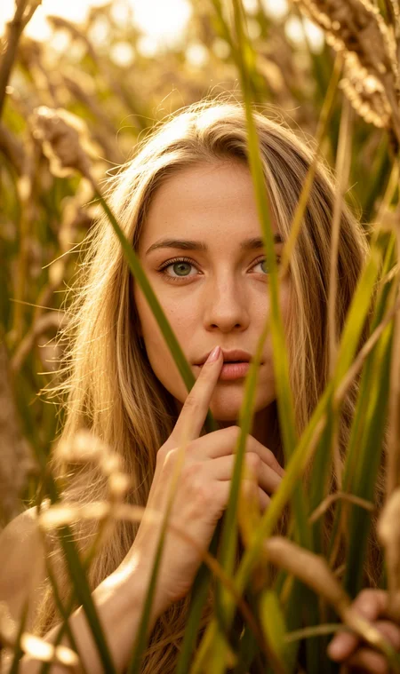 A photo of a blonde woman hiding in the high gras, in her 20s. she has long hair, warm sunlight shines through the blades and reflects perfectly in her eyes,
stunning blue eyes,