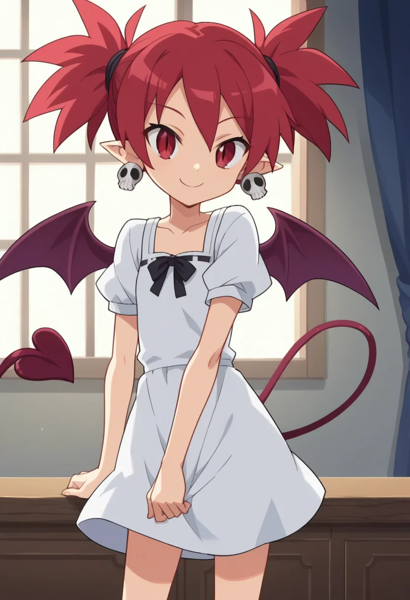 score_9, score_8_up, score_7_up, score_6_up, score_5_up, score_4_up , anime coloring ,BREAK source_anime, anime screencap,
1girl, solo, disetna, red hair, twintails, demon wings, demon girl, demon tail, skull earrings, dress, summer dress, short sleeves, white dress, <lora:PonyXL Etna V5:1>
indoors, smile,