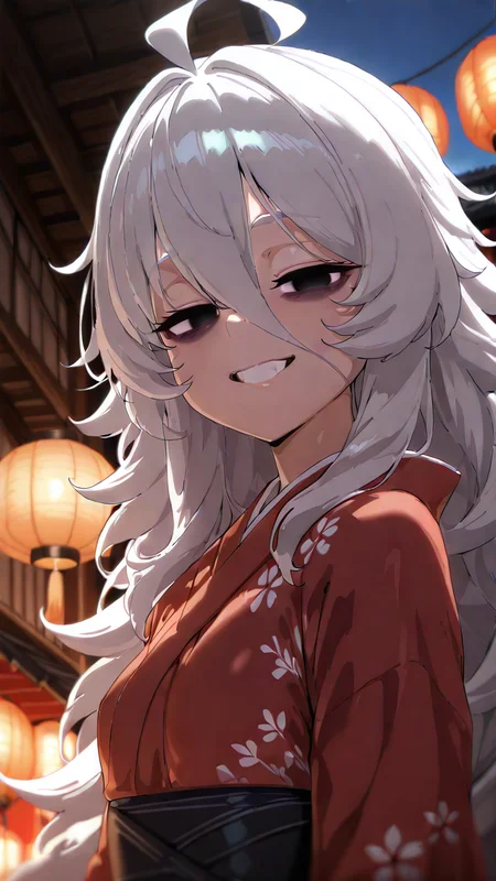 <lora:Shadow:1> Shadwo, black_eyes, white_hair, grey_hair, very_long_hair, messy_hair, hair_between_eyes, ahoge, small_breasts, bags_under_eyes, red kimono, chinese lanterns, japanese buildings, soft light, warm colours, light reflexion, masterpiece, best quality, smile, relaxed eyes, teeth, half-closed eyes, looking at viewer, from side