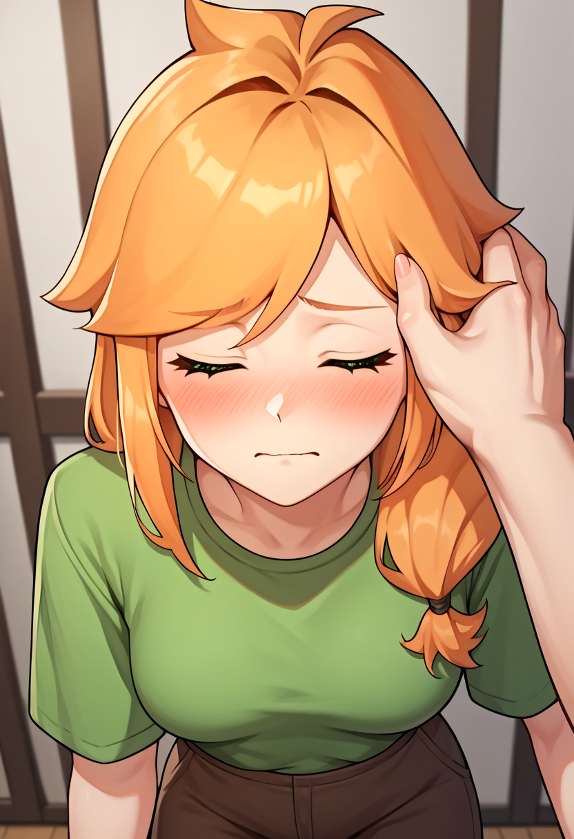 score_9, score_8_up, score_7_up, score_6_up, score_5_up, score_4_up, source_anime, 1girl, solo,  <lora:Alex_Moja:1.2> mmalex, orange hair, green eyes, green shirt, brown pants, pov, blush, nervous, headpat, closed eyes, indoors