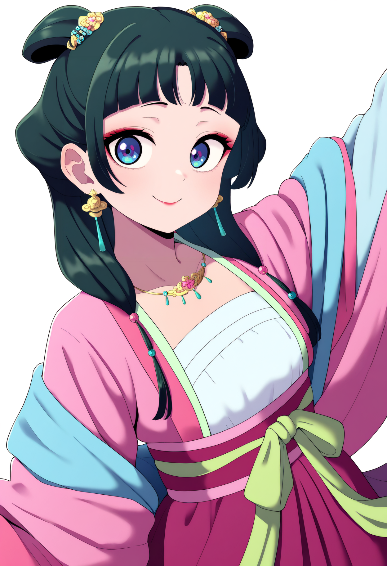 best quality, amazing quality, very aesthetic, absurdres,
1girl, maohanfu, green hair, bangs, long hair, blue eyes, hair ornament, makeup, 
chinese clothes, pink dress, earrings, hanfu, wide long sleeves, necklace,
smile, upper body, looking at viewer, solo, simple background, white background <lora:MaoMaoNoobXL_byKonan:1>