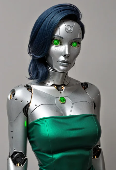 A 35mm photo of a beautiful 20 year old woman, she is a humanoid robot , robotic face , robotic body, emerald green robotic eyes, freckles, smooth featureless silver grey robotic skin, robotic aerials, metallic dark blue hair, elegant Christmas satin dress