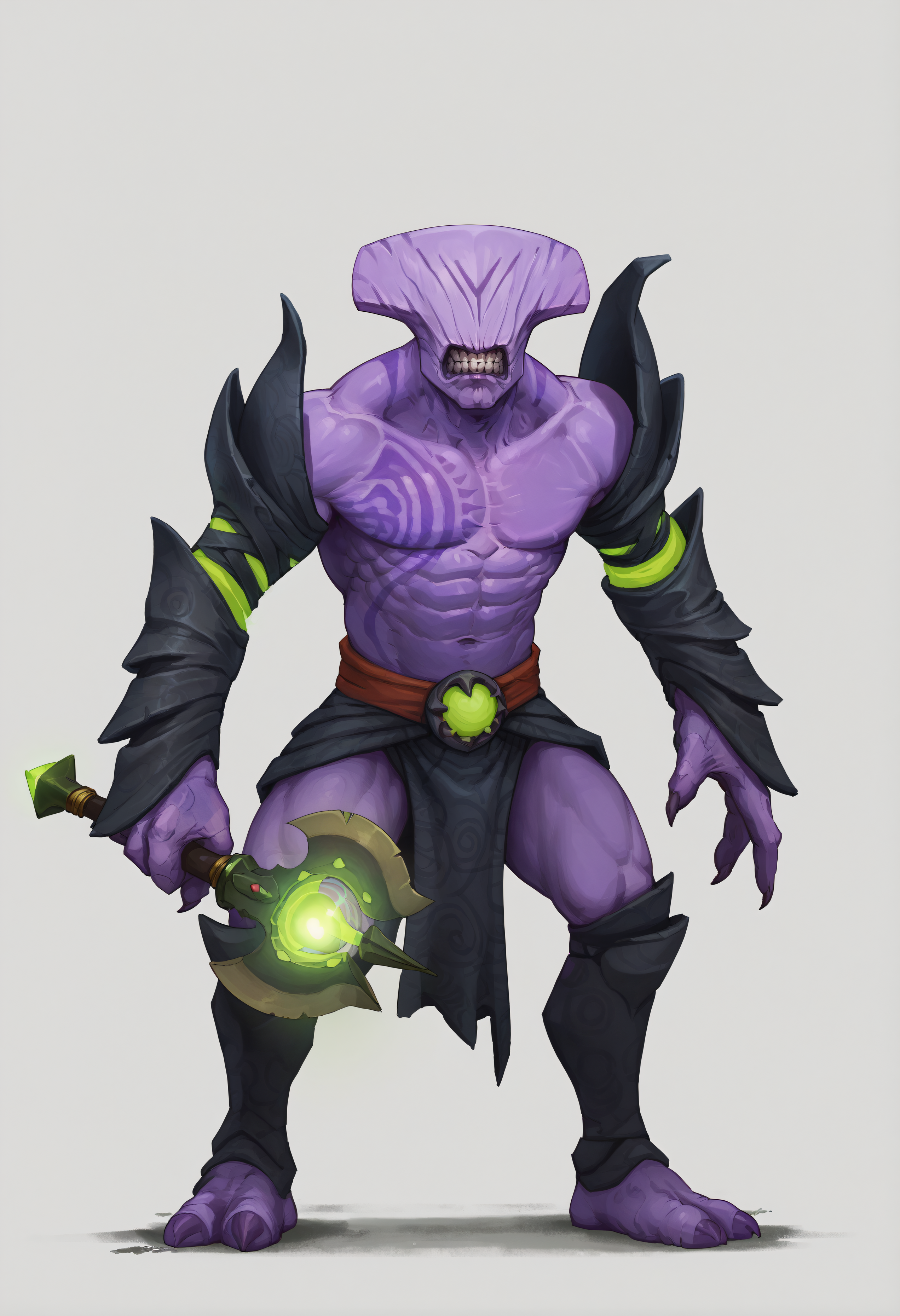 score_9, score_8_up, score_7_up, score_6_up, score_5_up, score_4_up, BREAK voidpdxl, 1boy, solo, clenched teeth, pectorals, abs, gauntlets, loincloth, leg armor, staff, holding staff, purple skin, simple background, muscular, facing viewer, full body, standing, chest tattoo, 3 fingers,  <lora:FacelessVoid:0.8>