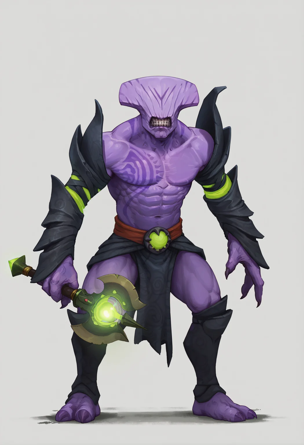 score_9, score_8_up, score_7_up, score_6_up, score_5_up, score_4_up, BREAK voidpdxl, 1boy, solo, clenched teeth, pectorals, abs, gauntlets, loincloth, leg armor, staff, holding staff, purple skin, simple background, muscular, facing viewer, full body, standing, chest tattoo, 3 fingers, <lora:FacelessVoid:0.8>