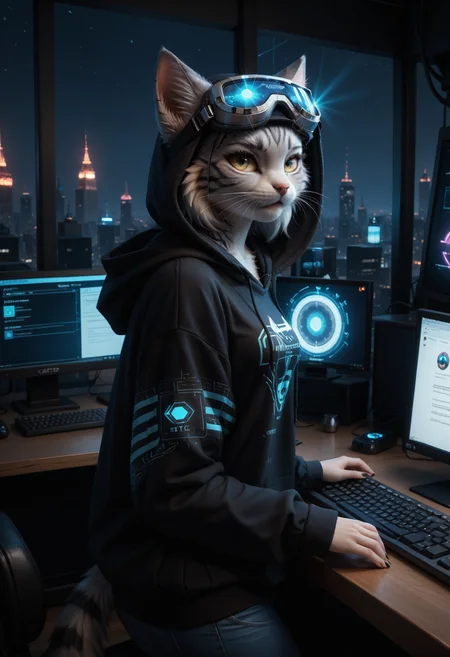 score_9, score_8_up, score_7_up, score_6_up, score_5_up, FurFemX, (1 cat women:1.2), furry, fluffy gray fur, side view, oversized hoodie, neon blue cybernetic tattoos, high-tech VR goggles, hacking a futuristic terminal, glowing holographic keyboard, dimly lit cybercafé, intense focused expression, dynamic lighting, fingers moving fast, dystopian cityscape, underground tech aesthetic